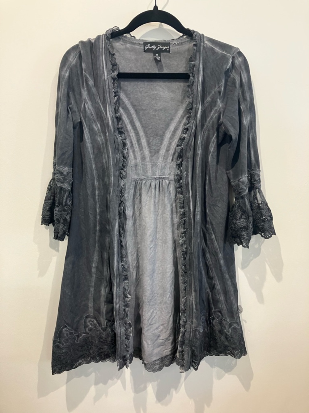 Gretty Zueger Gray Lace-Trim Open Front Cardigan